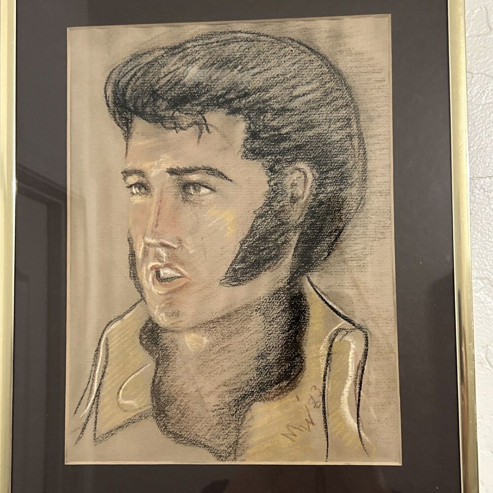 Vintage 1963 Signed M.W. Elvis Presley Portrait Drawing Framed Original Artwork